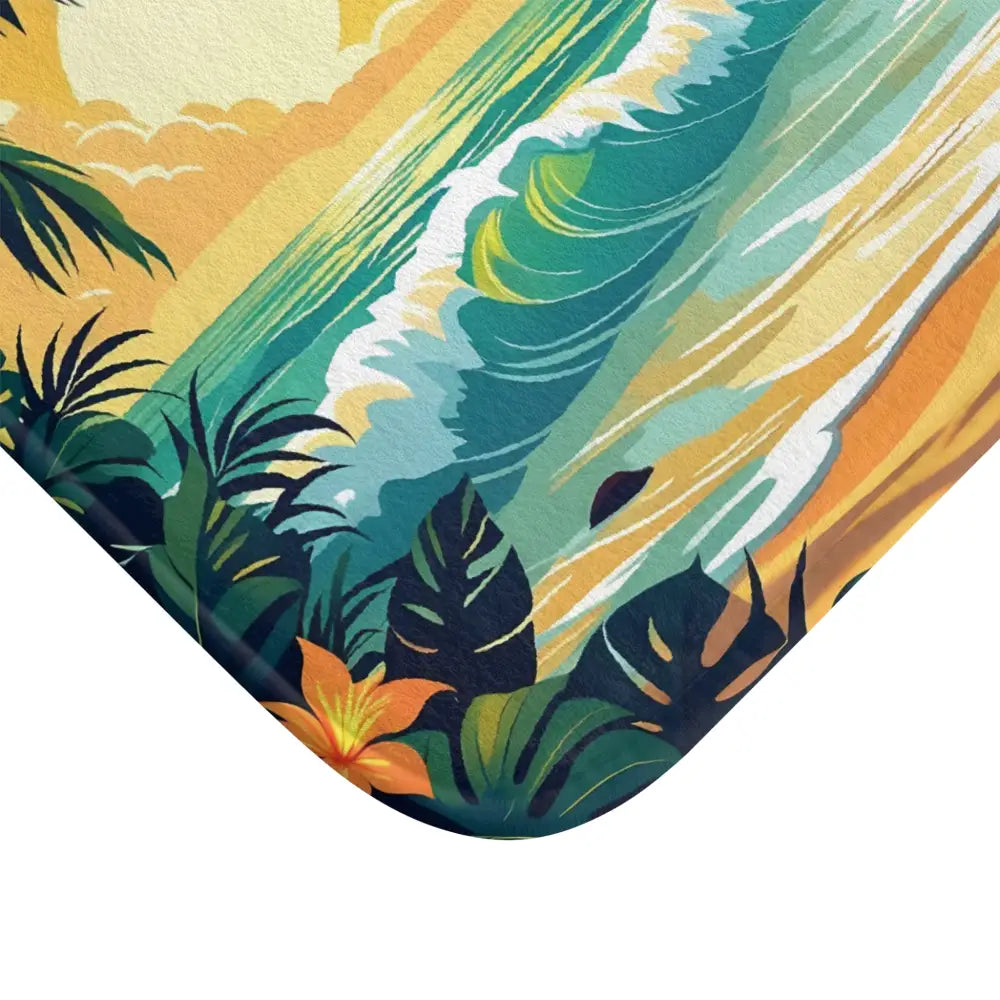 Tropical Beach Horizon bath mat with ocean waves and sandy palm design for coastal comfort