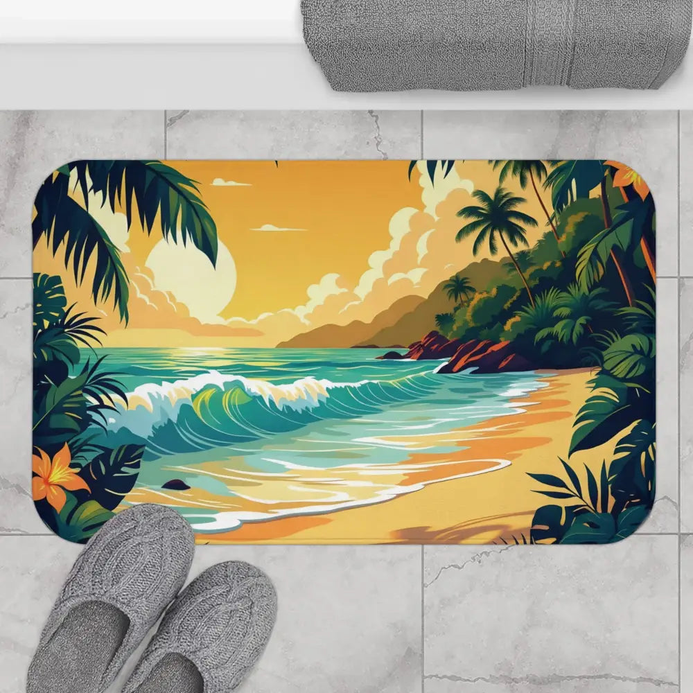 Tropical beach scene bath mat with horizon design for coastal comfort in home decor