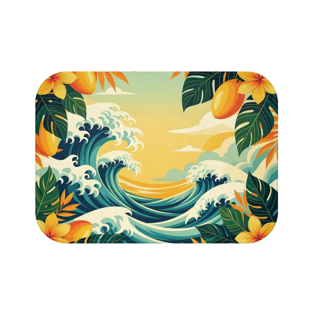 Tropical ocean scene with waves and foliage on the PixiOnyx Coastal Bloom Underfoot Bath Mat