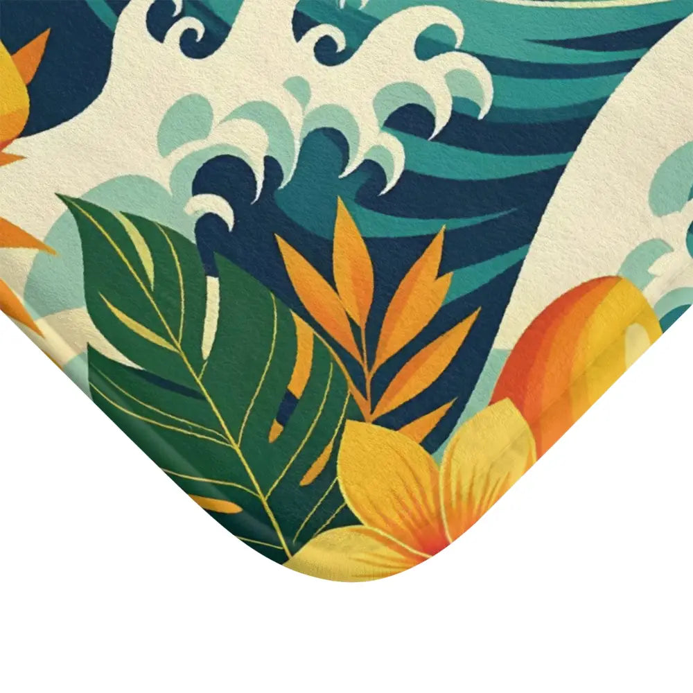 Tropical-themed bath mat with vibrant wave design from PixiOnyx Coastal Bloom Underfoot