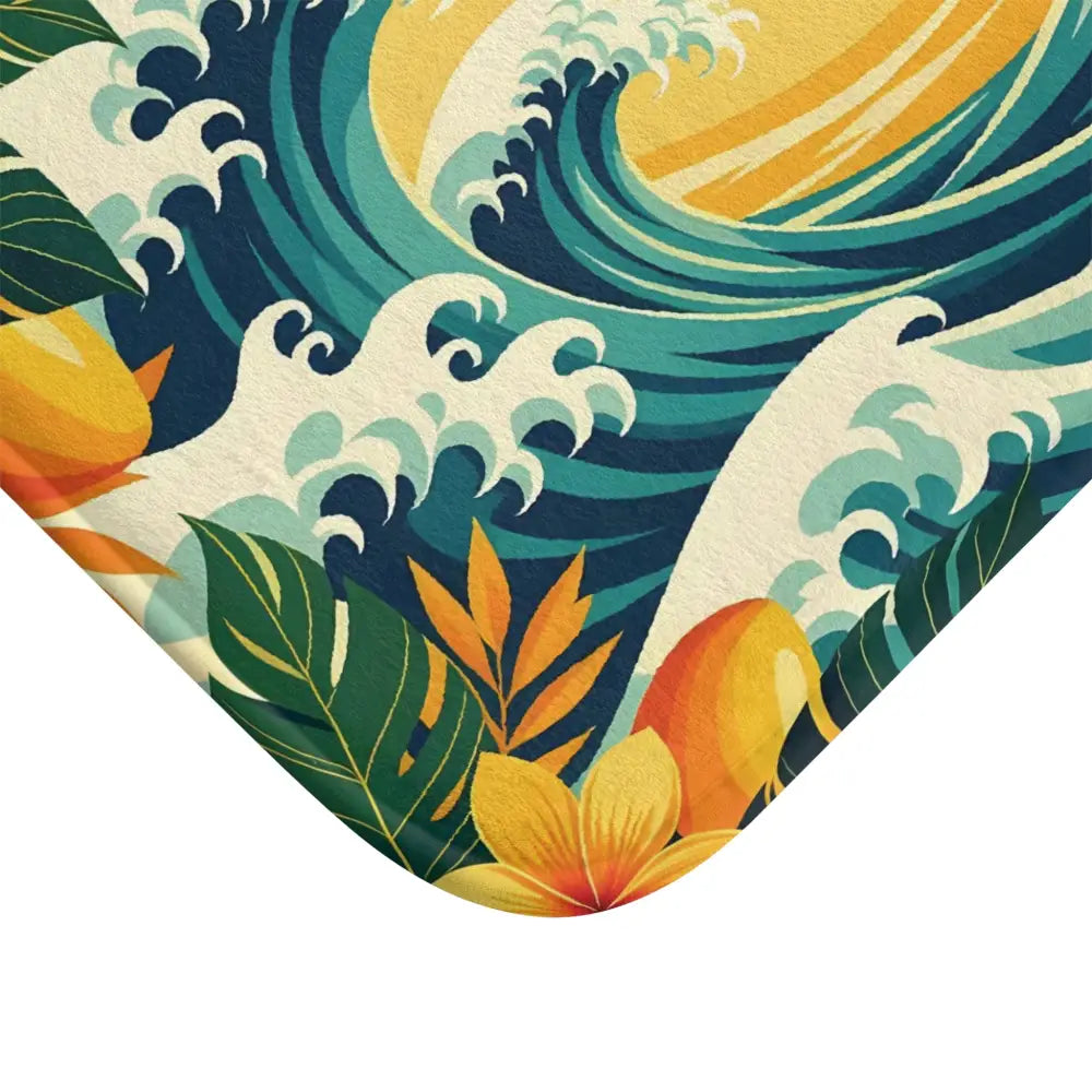 Tropical wave-themed bath mat from PixiOnyx Coastal Bloom Underfoot collection