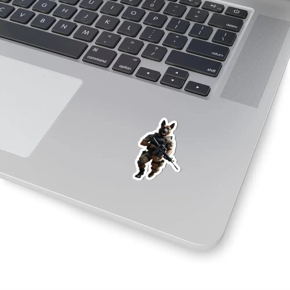 Laptop sticker featuring a tactical military dog soldier artwork by PixiOnyx