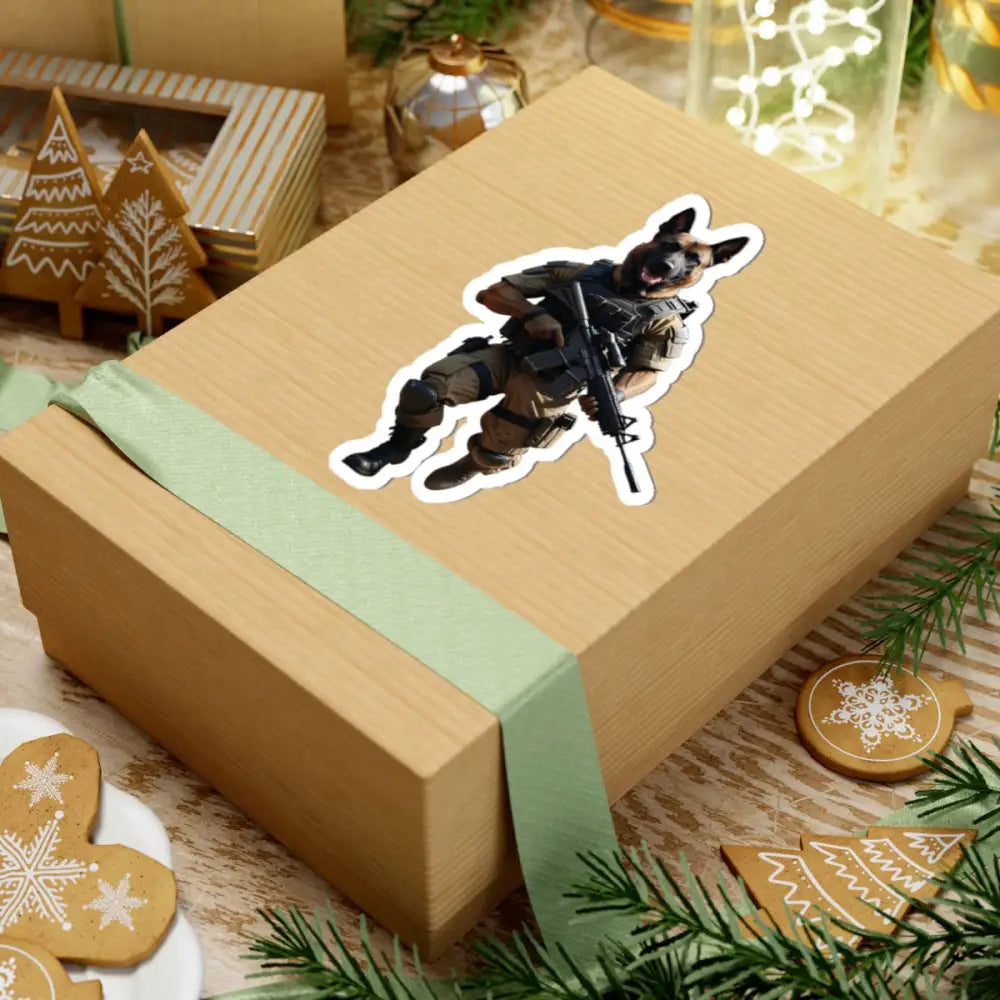 Gift-wrapped box with Battlehound Vanguard dog soldier sticker for tactical military dog art
