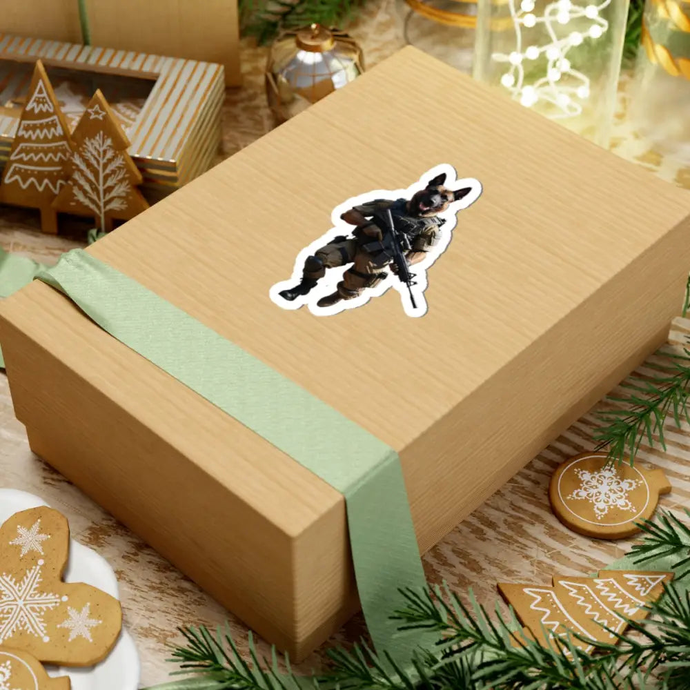 Wrapped gift box showcasing tactical military dog art Battlehound Vanguard Kiss-Cut Sticker