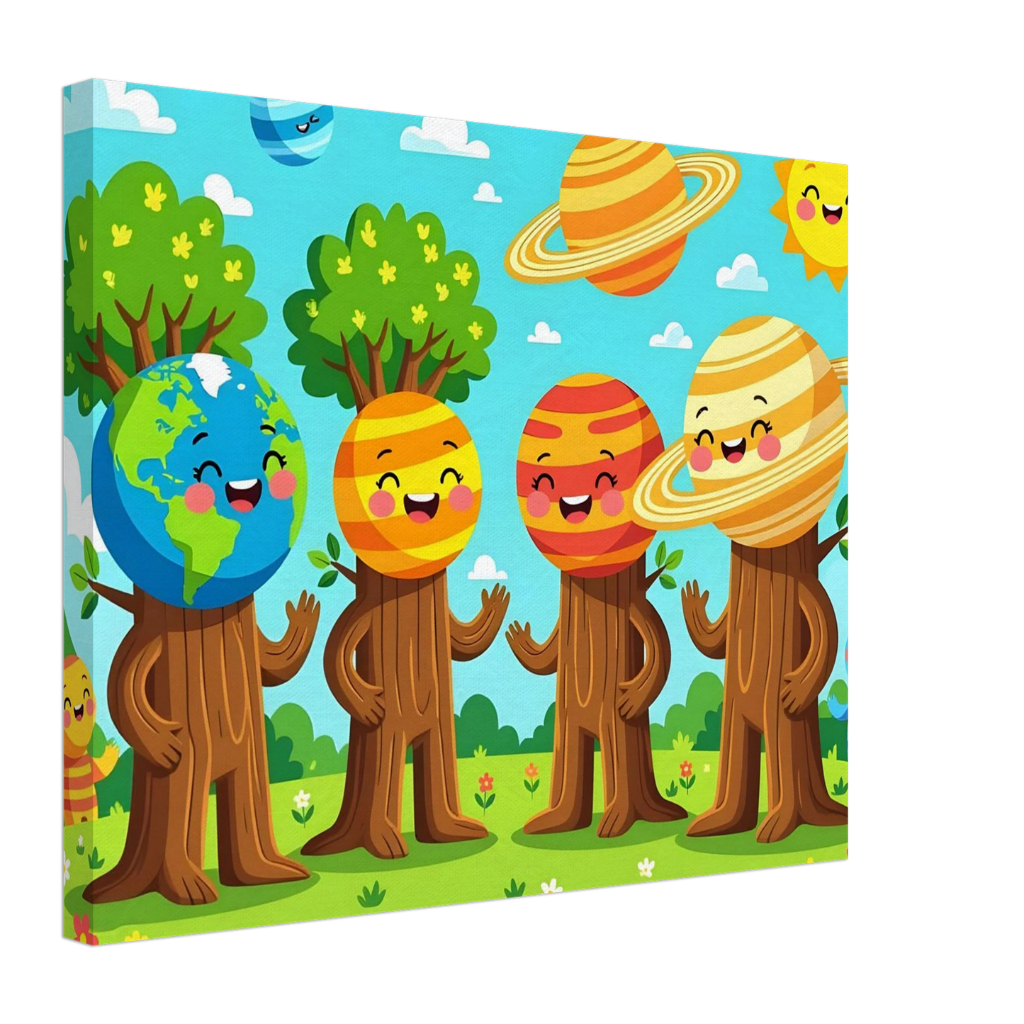 Cartoon planet-headed tree characters from Canvas Cosmic Tree Friends by PixiOnyx Stellar Kids Art