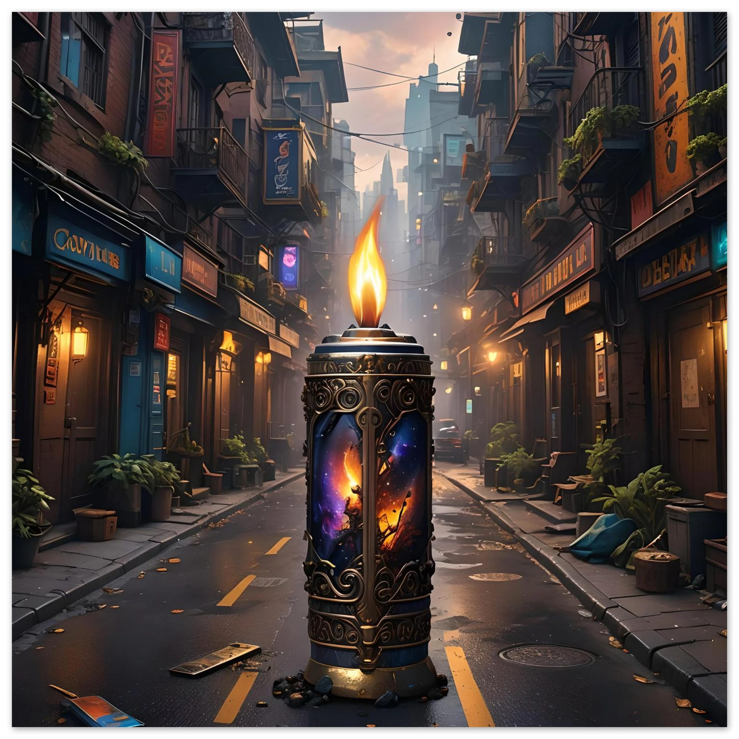 Ornate candle featuring cosmic imagery from Galactic Flame Fine Art Poster by PixiOnyx