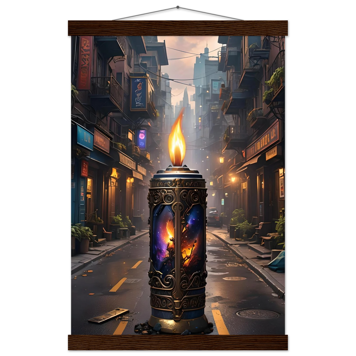 Ornate candle with cosmic imagery from Galactic Flame Hanging Matte Poster by PixiOnyx