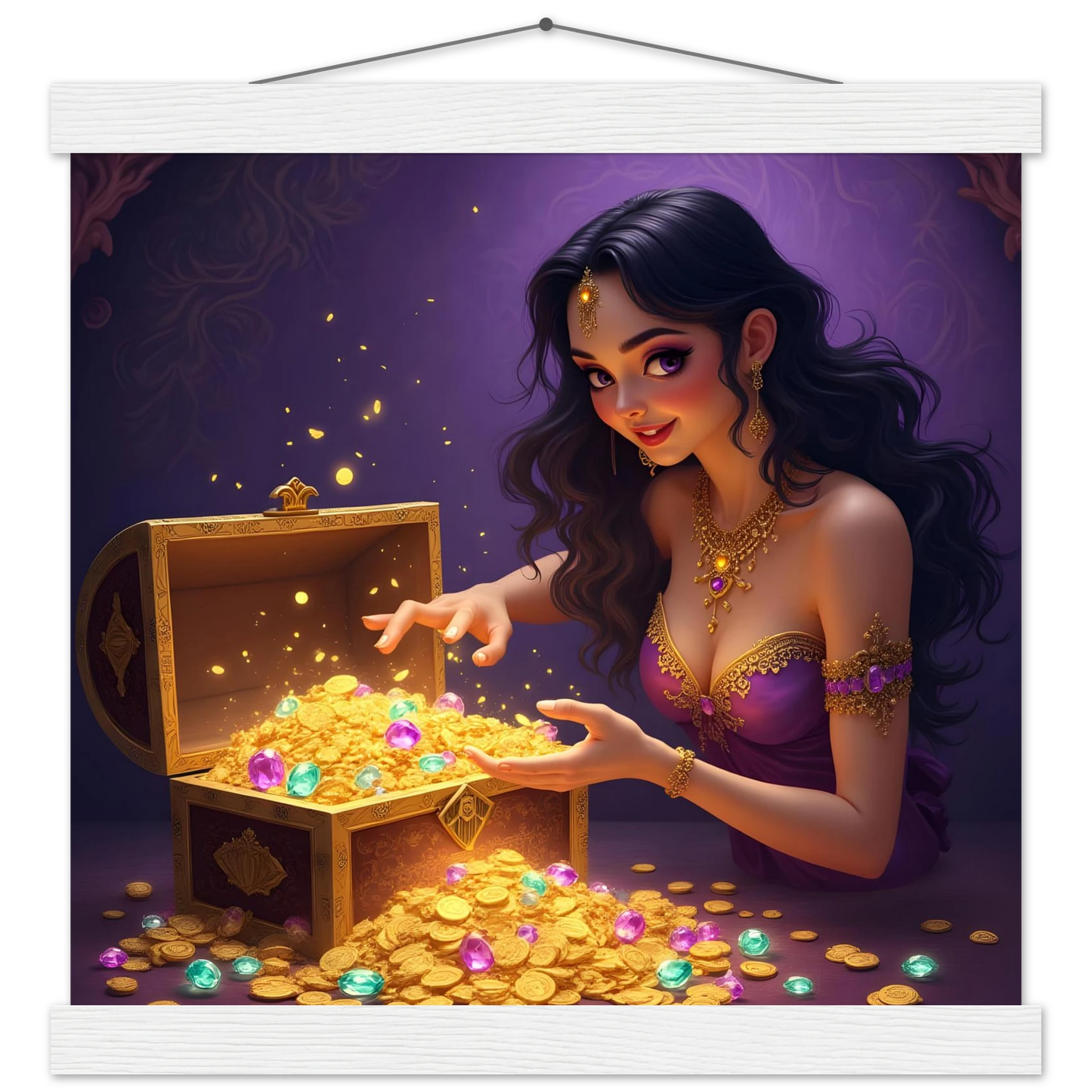 Treasure Seeker Matte Poster with Hanger showcasing overflowing gold coins and gems