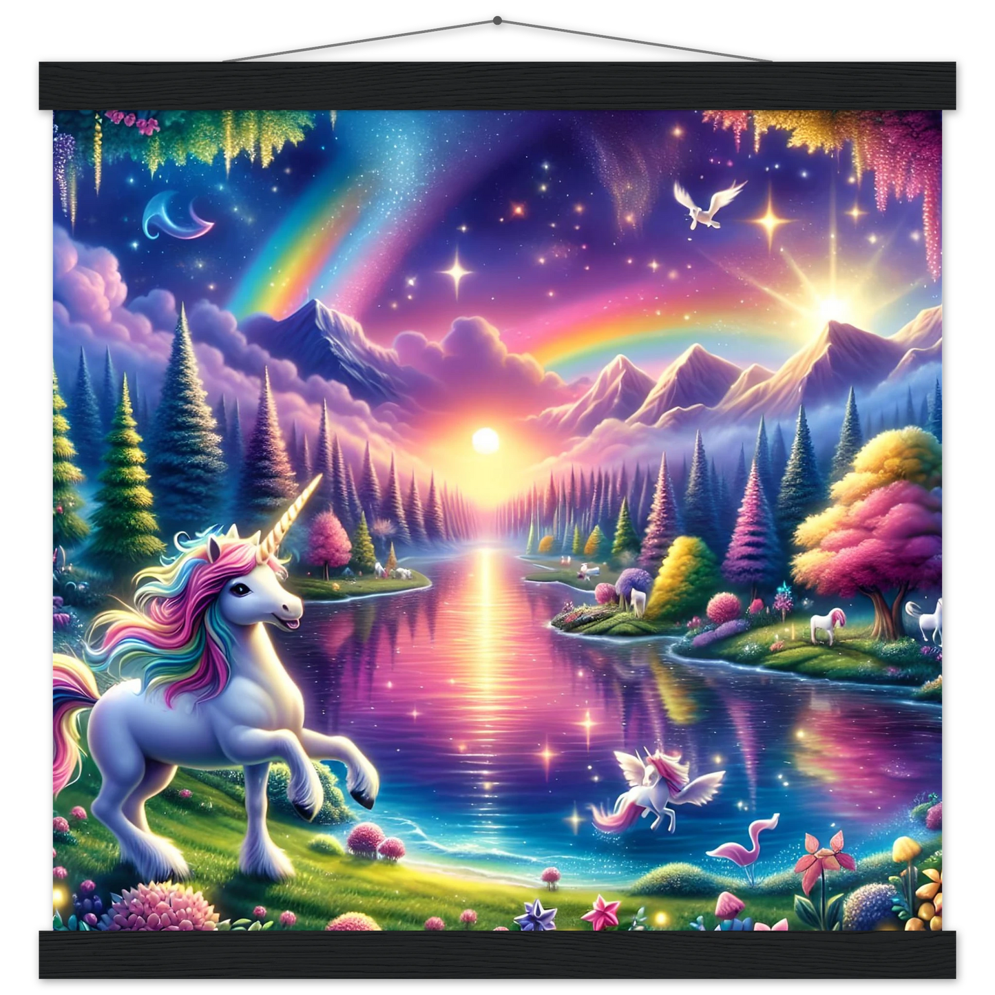 Enchanting unicorn fantasy tapestry wall art with magnetic frame from PixiOnyx Exclusive