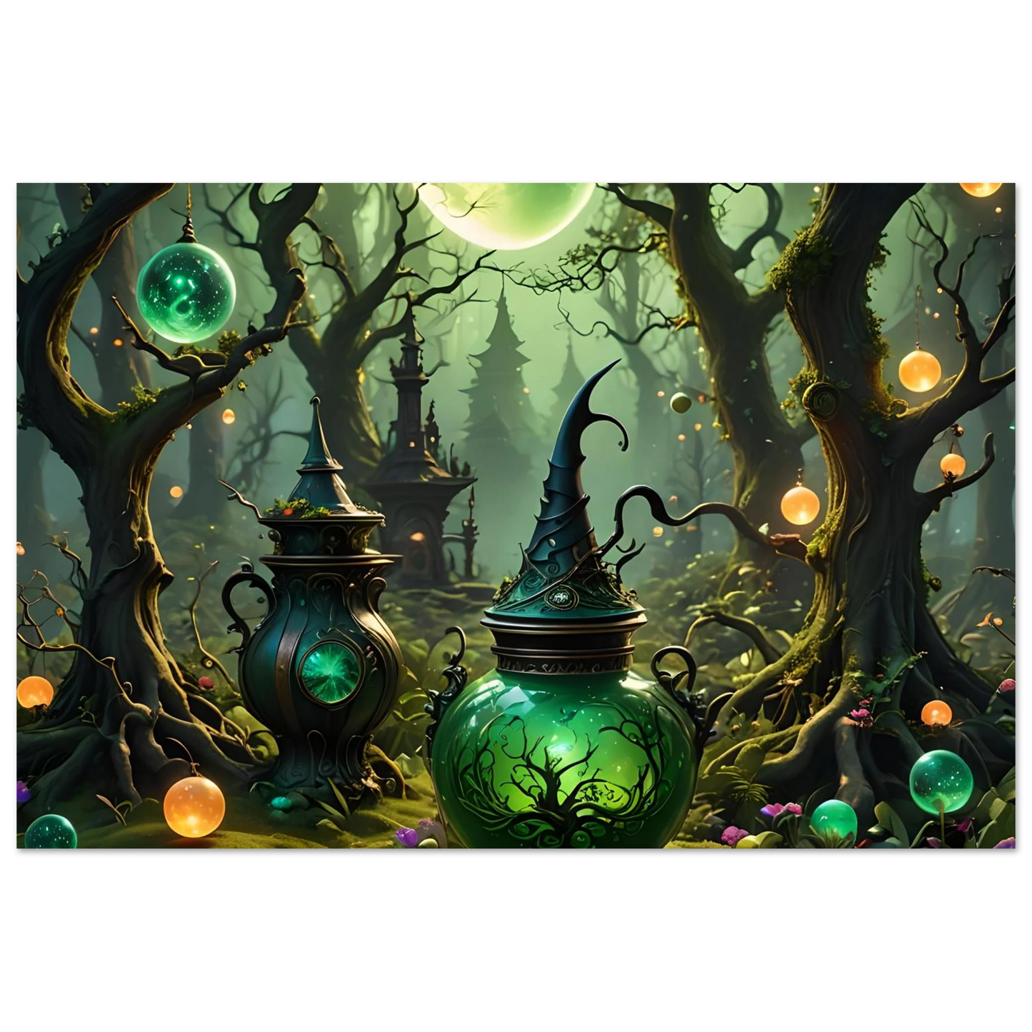 Green witchs potion jar with pointed hat lid from Witchcraft Forest Fine Art Poster