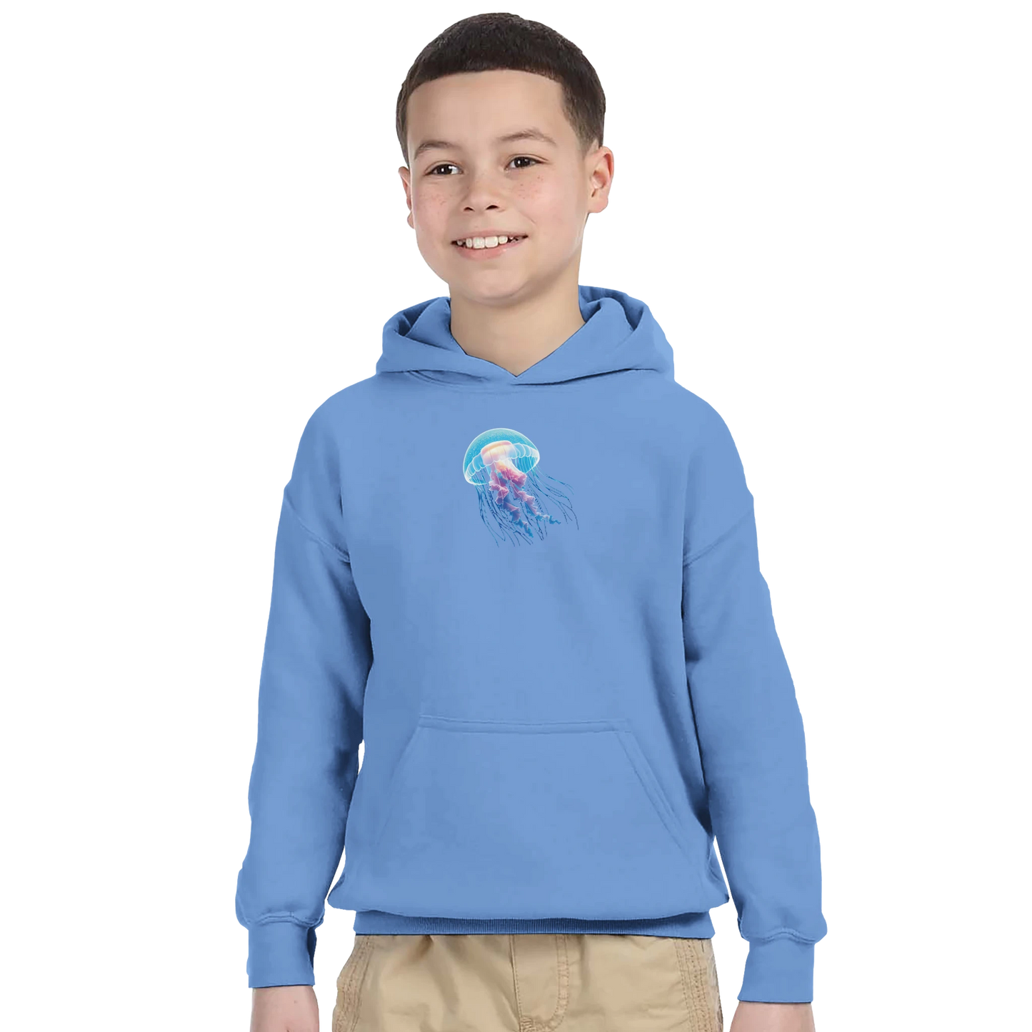 Light blue kids hoodie with jellyfish design from Classic Kids Pullover Hoodie Cosmic Drift