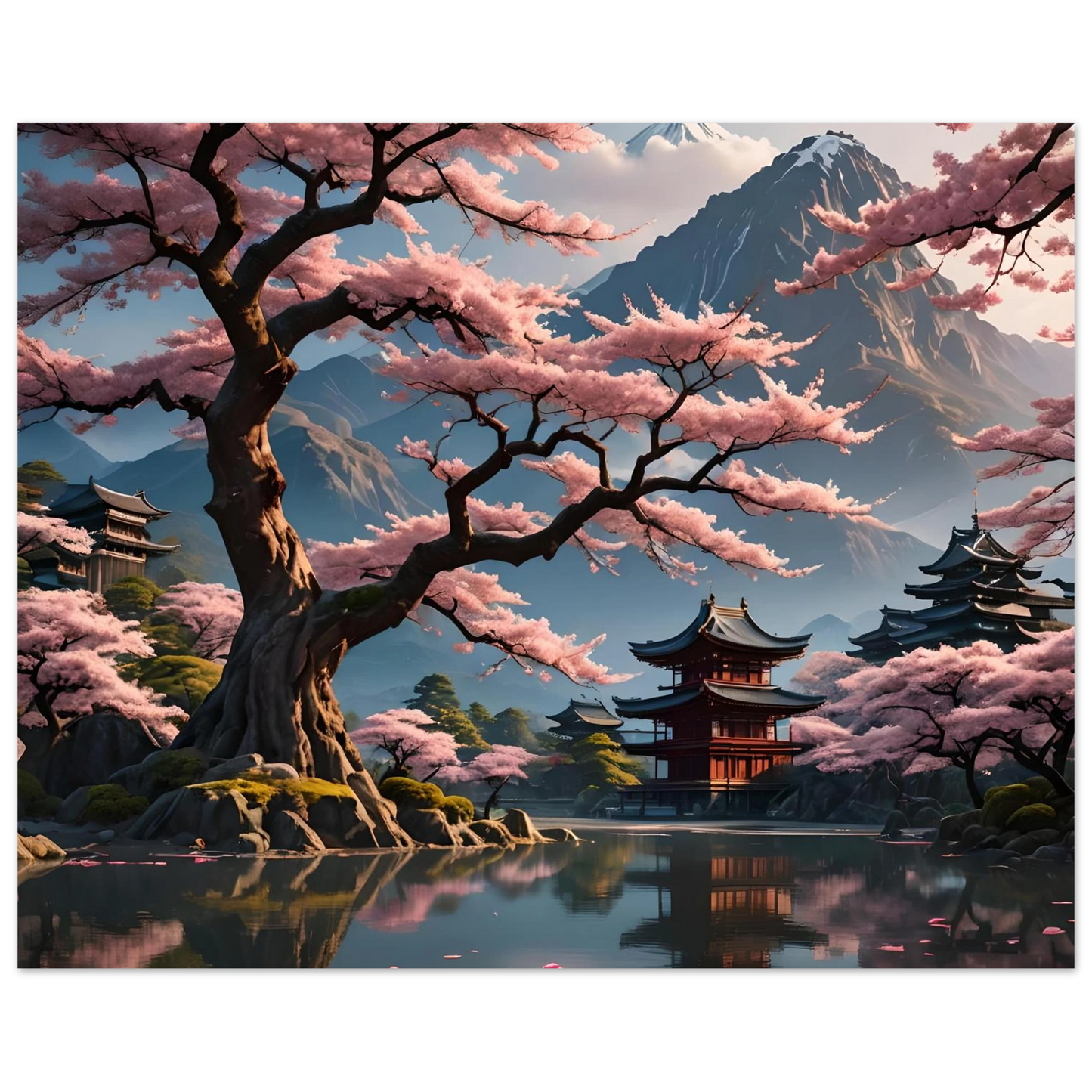Japanese cherry blossom landscape on Temple Blossom Serenity Fine Art Poster by PixiOnyx