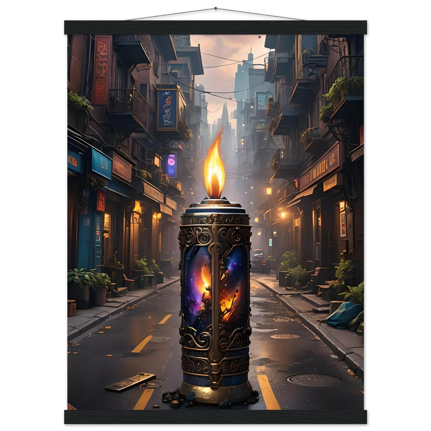 Ornate cosmic imagery candle from Galactic Flame Hanging Matte Poster PixiOnyx Exclusive