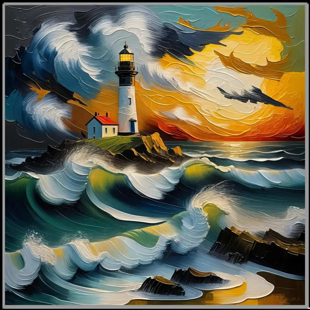 Painting of a powerful lighthouse rises on rocky coast with waves, vibrant sunset, PixiOnyx Coastal Collection fine art poster