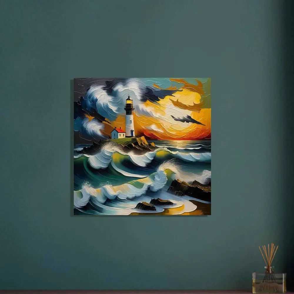 Vibrant fine art poster of a powerful lighthouse rises on rocky coast in PixiOnyx Coastal Collection