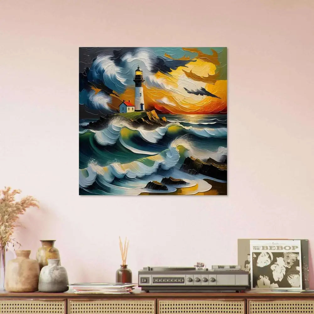 Vibrant oil painting of a powerful lighthouse rises on rocky coast for PixiOnyx Coastal Collection