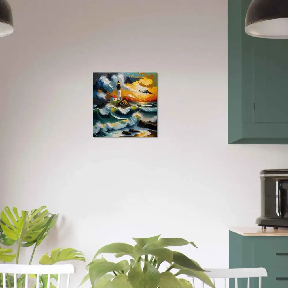 Vibrant oil painting of a powerful lighthouse rises on rocky coast for PixiOnyx Coastal Collection