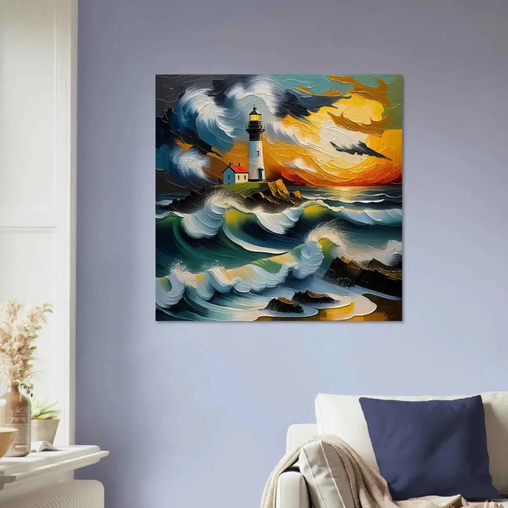 Vibrant lighthouse canvas art from PixiOnyx Coastal Collection, powerful lighthouse rises in stormy seas