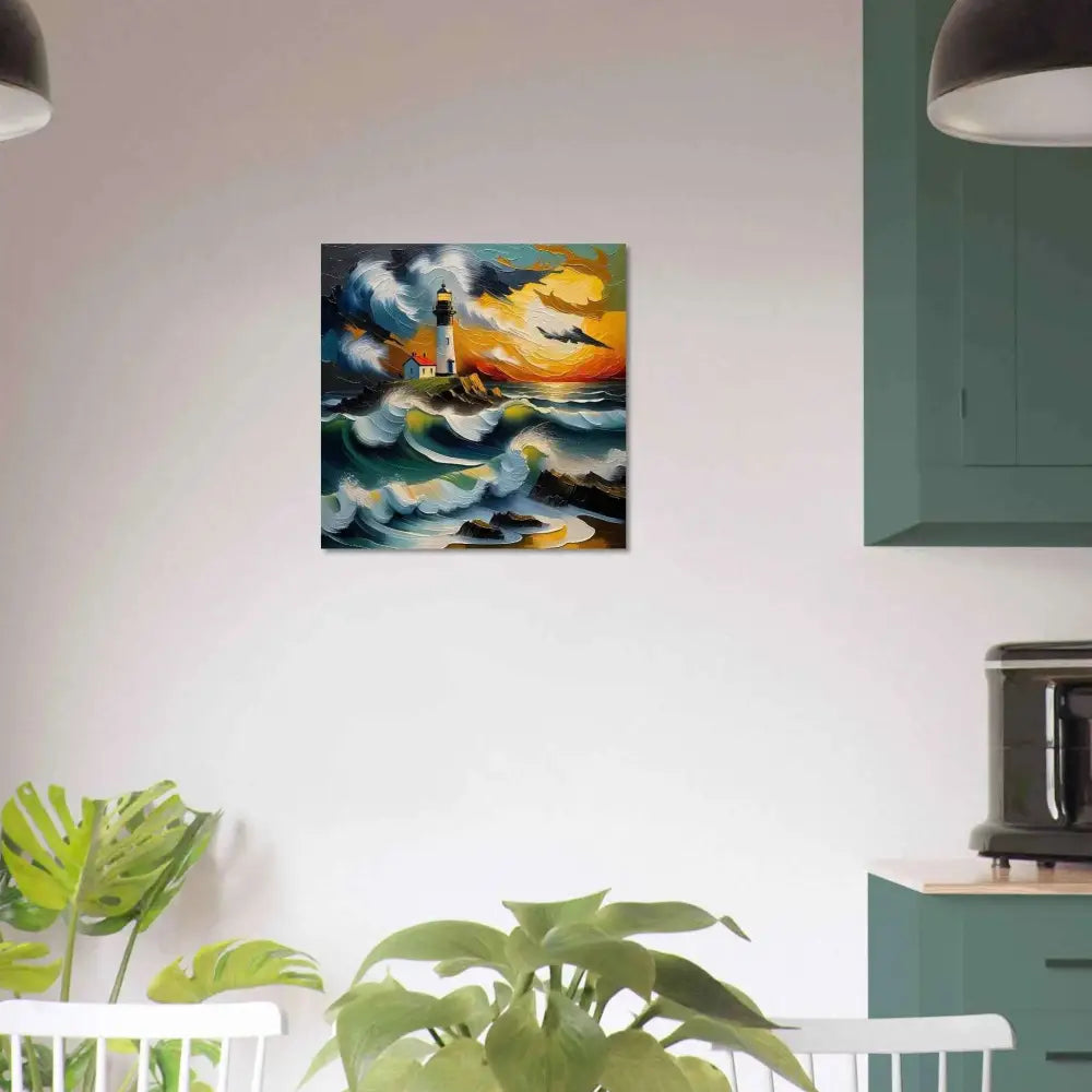 Vibrant fine art poster of a powerful lighthouse rises on rocky coast in PixiOnyx Coastal Collection