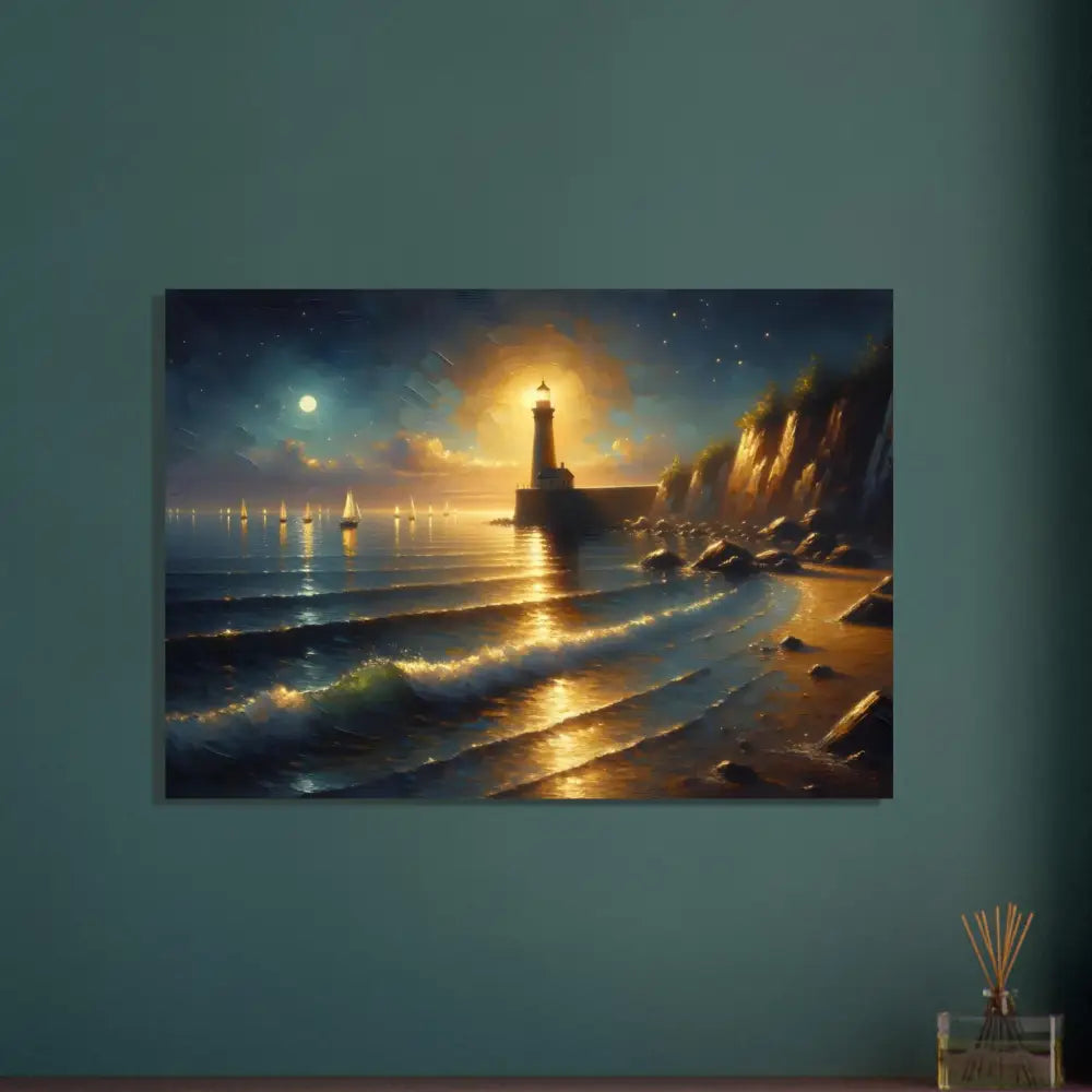Lighthouse seascape painting on a tranquil coastline print in PixiOnyx Fine Art Poster