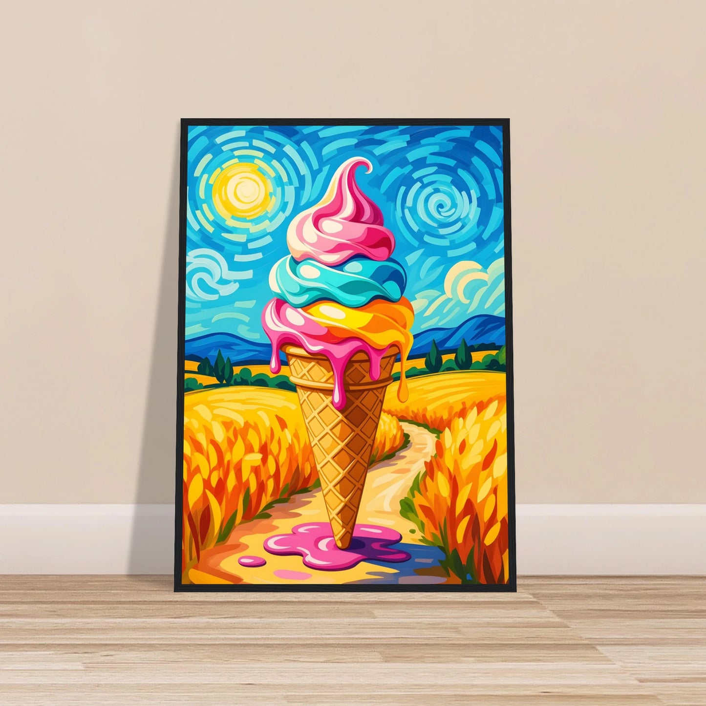Framed ice cream cone painting on Premium Wooden Framed Poster Sunlit Swirl of Pastoral Chaos