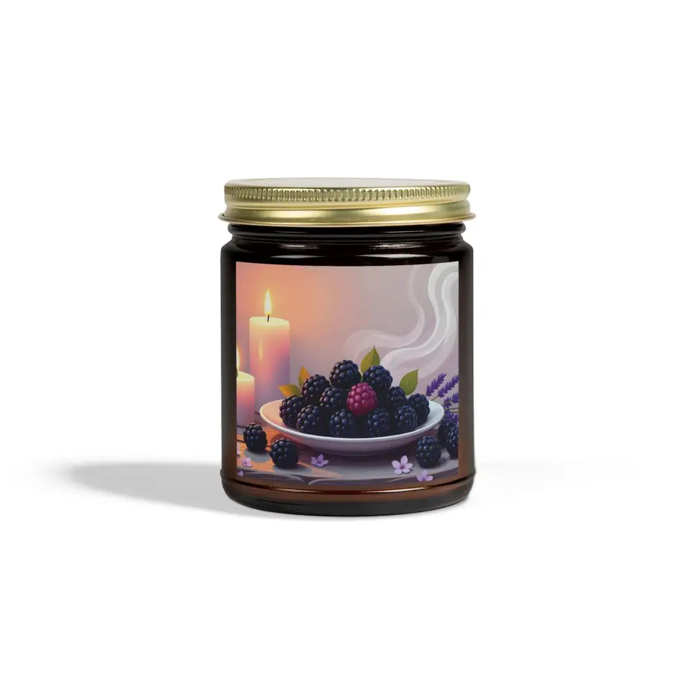 Blackberry Vanilla Scented Candle jar with berry and label from PixiOnyx Aromatic Moodware
