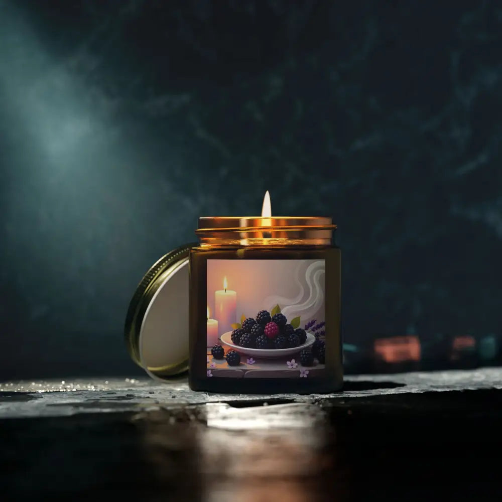 Lit Blackberry Candle from PixiOnyx Aromatic Moodware with blackberry and vanilla scent