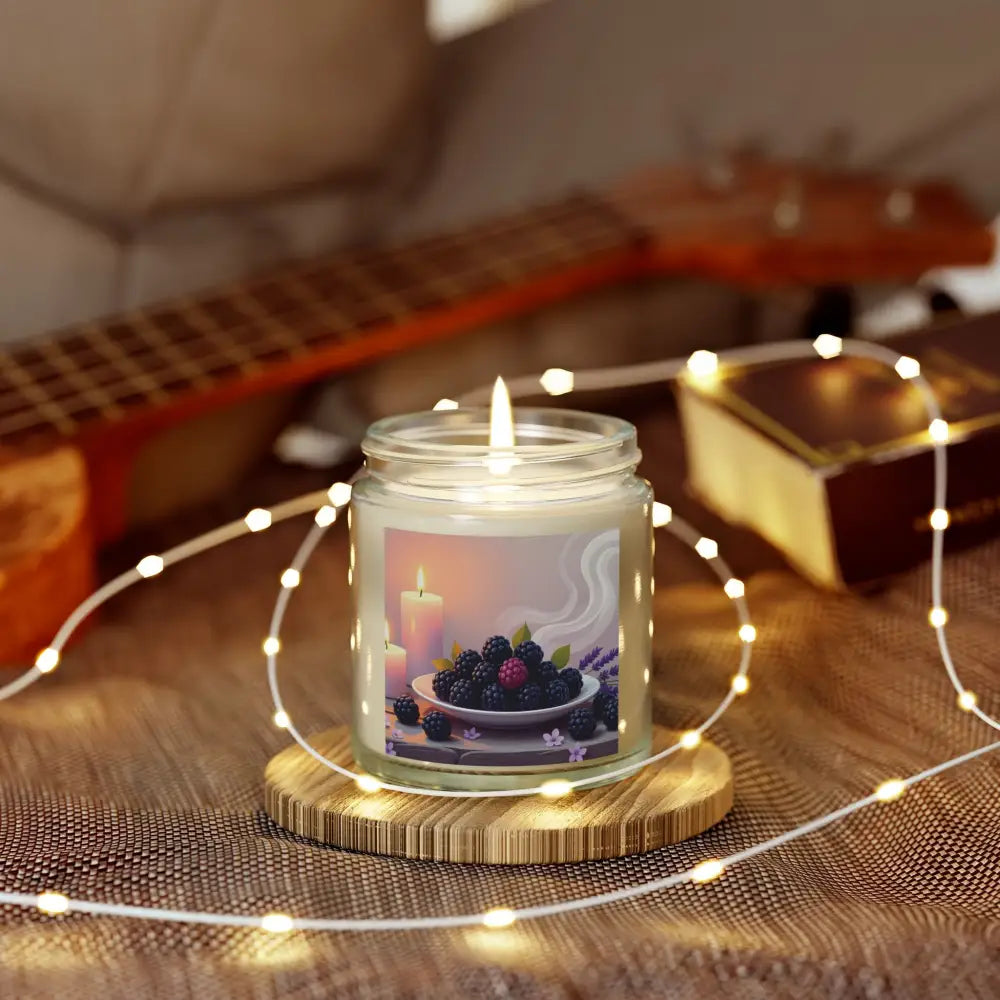 Blackberry-themed scented candle from PixiOnyx Aromatic Moodware with berry design