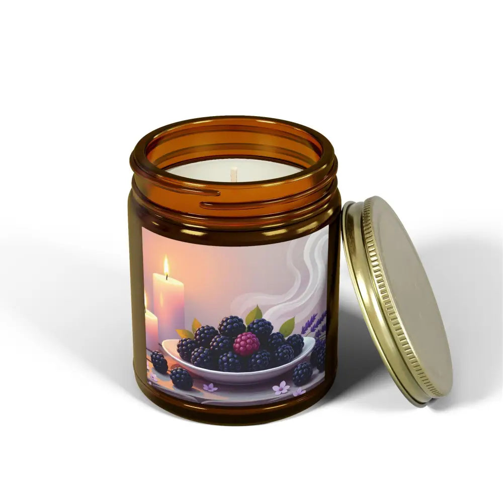 Brown jar candle with Blackberry label from PixiOnyx Aromatic Moodware