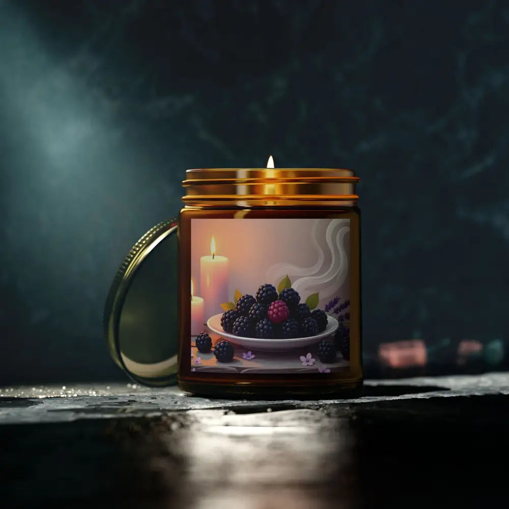Blackberry-themed scented candle in jar from PixiOnyx Aromatic Moodware