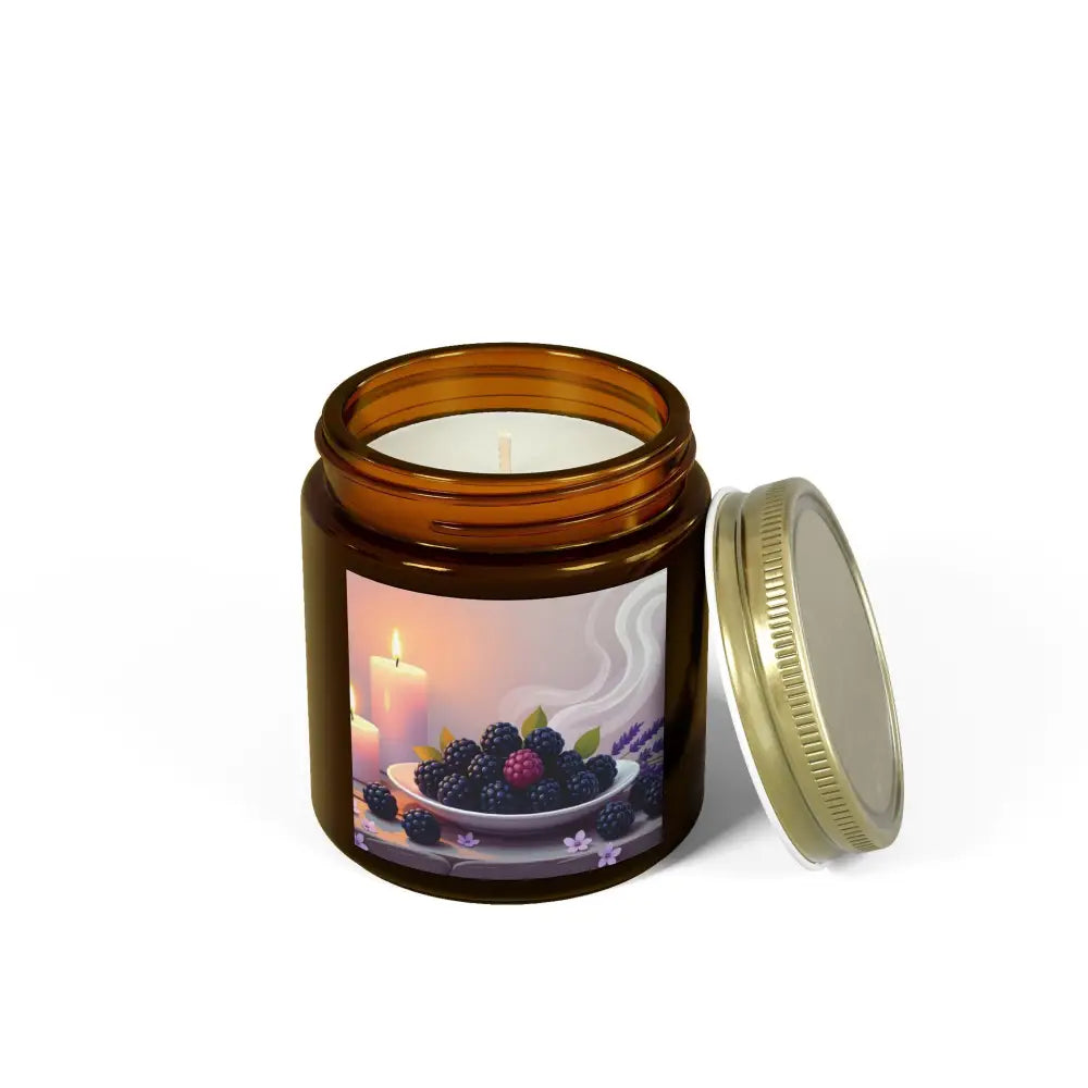 Amber jar candle with Blackberry label from Blackberry Vanilla Scented Candle PixiOnyx Aromatic Moodware