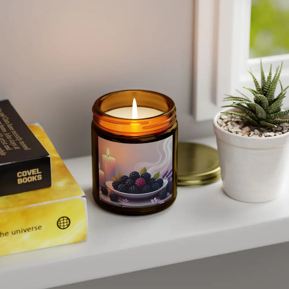 Berry-themed candle in amber jar from Blackberry Vanilla Scented Candle by PixiOnyx Aromatic Moodware