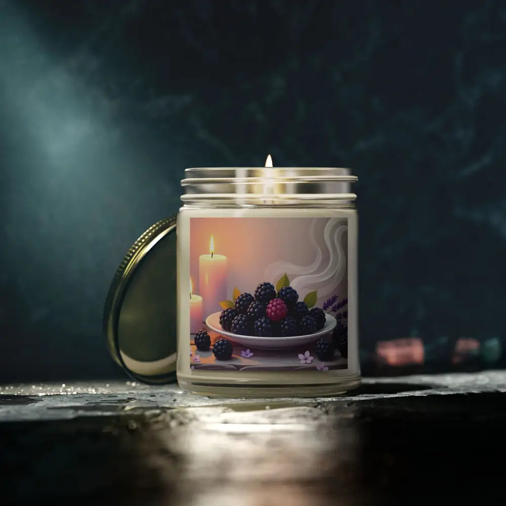 Berry-themed candle in glass jar for Blackberry Vanilla Scented Candle PixiOnyx Aromatic Moodware