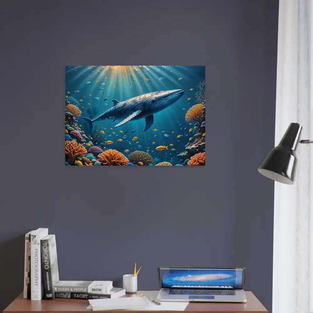 Blue Whale Explorer Poster underwater art print showcasing a majestic blue whale in the deep sea