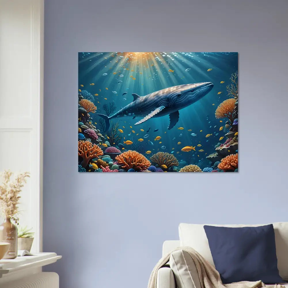 Blue whale swimming in vibrant coral reef artwork from Blue Whale Explorer Poster by PixiOnyx