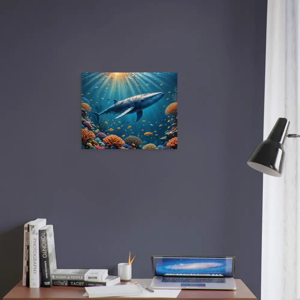 Blue Whale swimming over vibrant coral reef art in the Blue Whale Explorer Poster by PixiOnyx