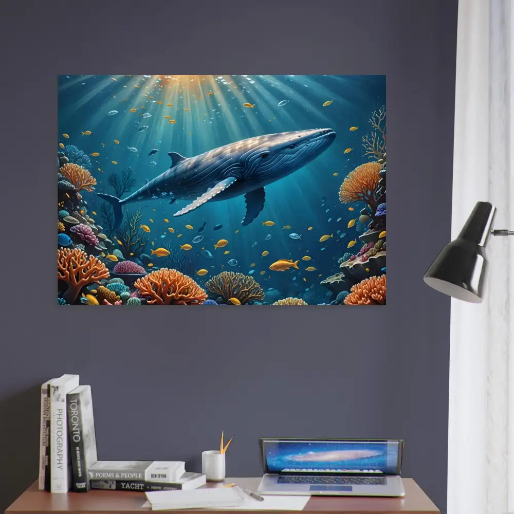 Blue Whale swimming amidst vibrant coral reef in PixiOnyx Fine Art Print