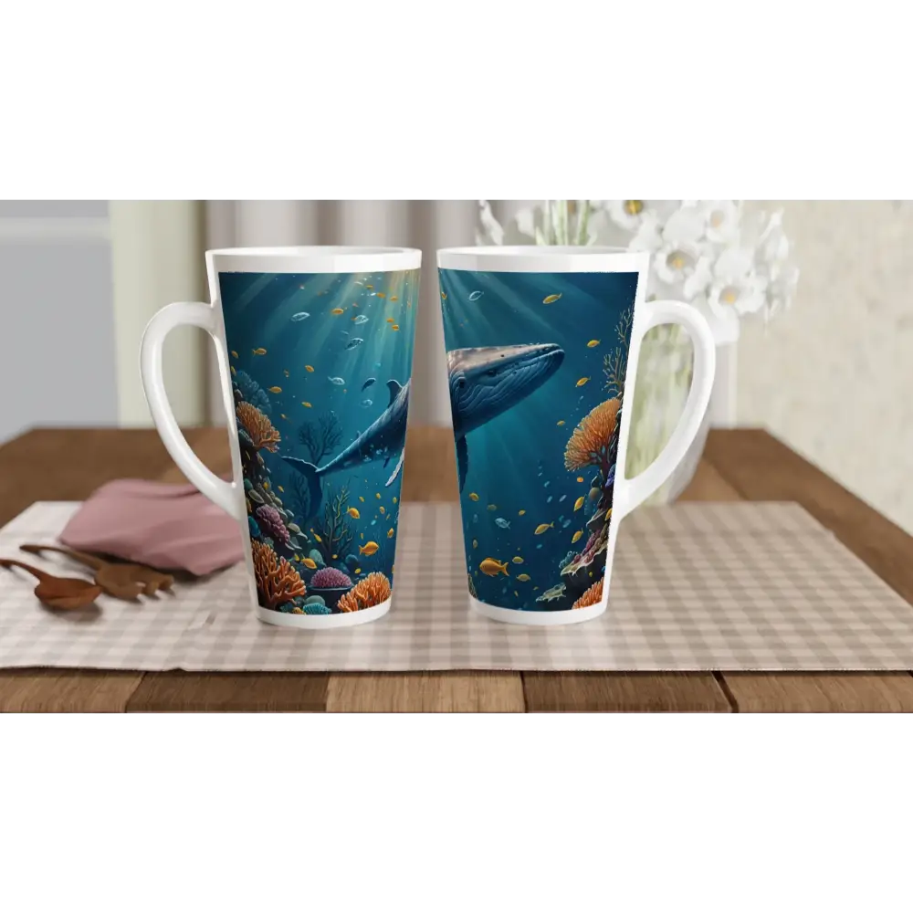Whale-themed tall ceramic latte mug named Blue Whale Beneath the Calm 17oz by PixiOnyx