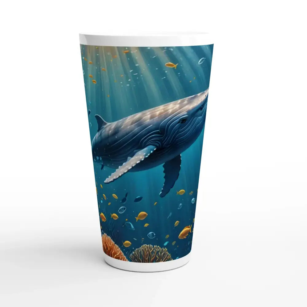Blue Whale Latte Mug showcasing a whale-themed design in a tall ceramic 17oz mug