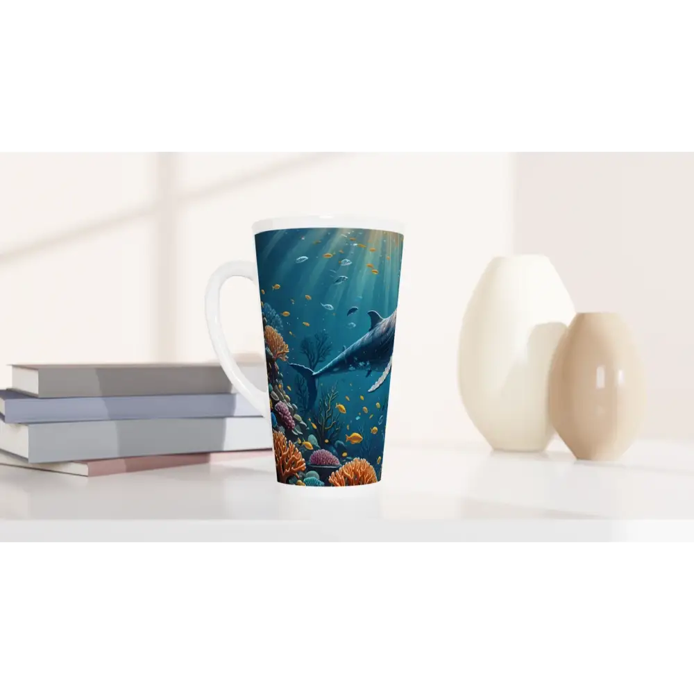 Tall mug featuring an underwater scene with a blue whale, perfect for latte cafes