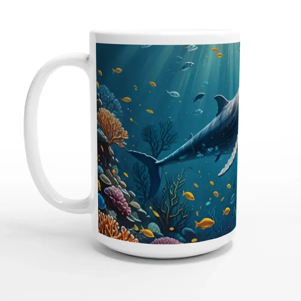 White ceramic mug featuring an underwater scene with a blue whale design for deep sea serenity