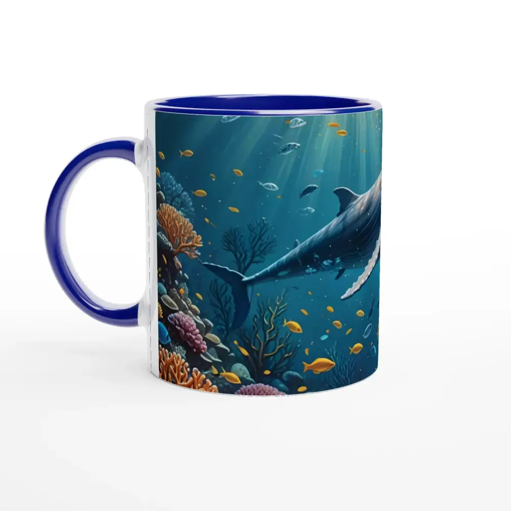 Blue-handled mug with underwater scene and PixiOnyx interior for an elegant drinking experience