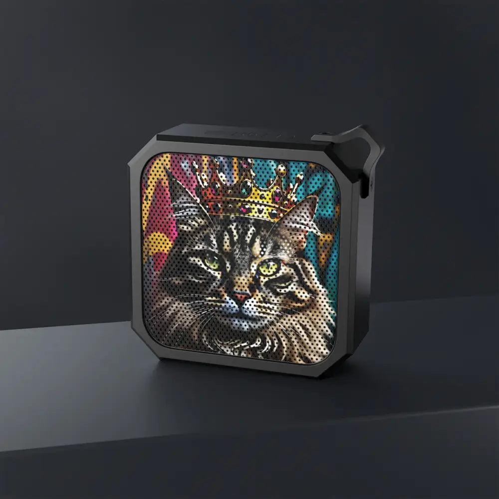 Black Bluetooth speaker featuring a cat king design from Crown Meowjesty PixiOnyx