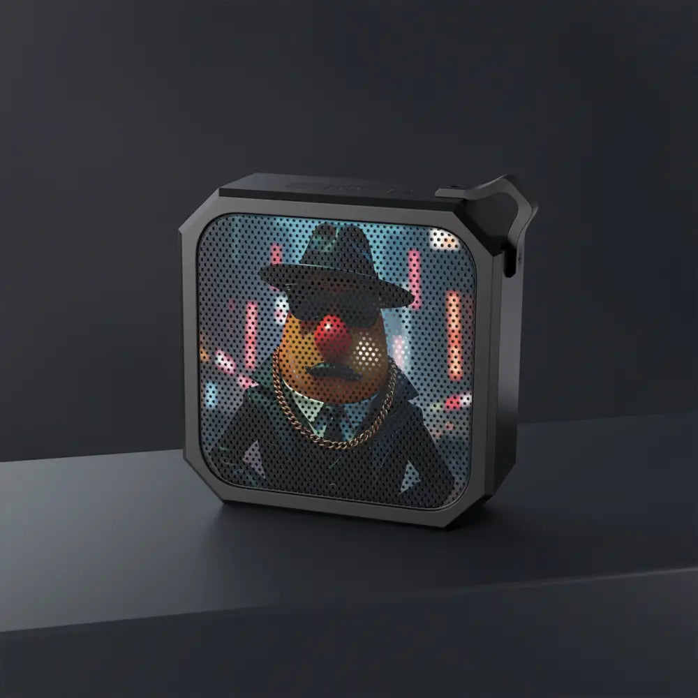 Black Bluetooth speaker featuring Gangster Potato graphic from PixiOnyx Portable Party Spud Soundbox