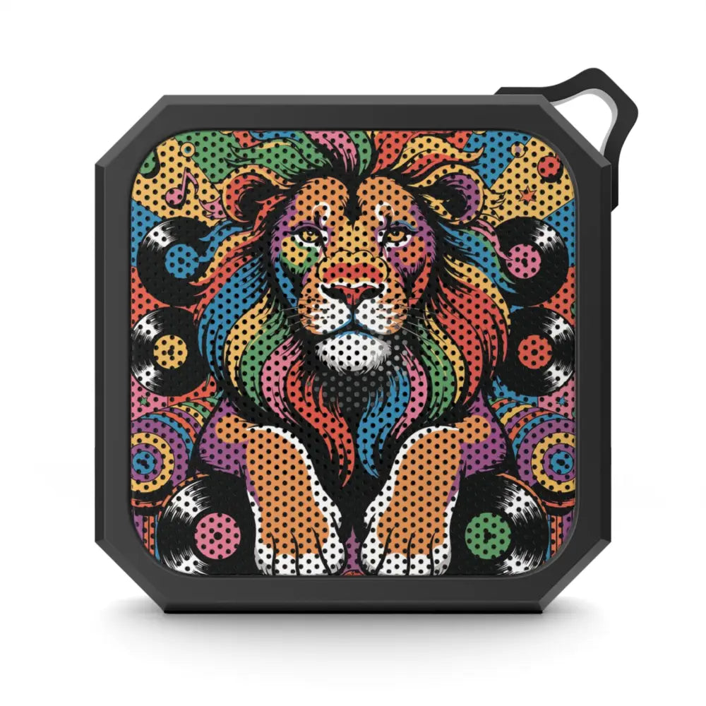 Black portable Bluetooth Speaker Groove King with colorful lion design and vinyl record art