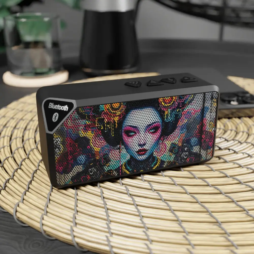 Rectangular Bluetooth speaker with colorful Geisha graphic from Mech Shrine Geisha PixiOnyx Cyberpunk Audio Totem