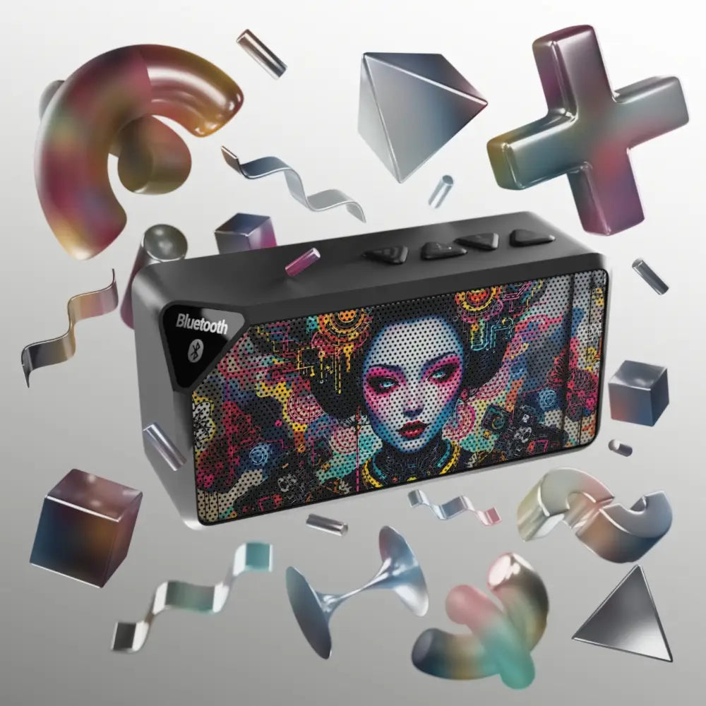 Black Bluetooth speaker with Geisha art design from PixiOnyx Cyberpunk Audio Totem