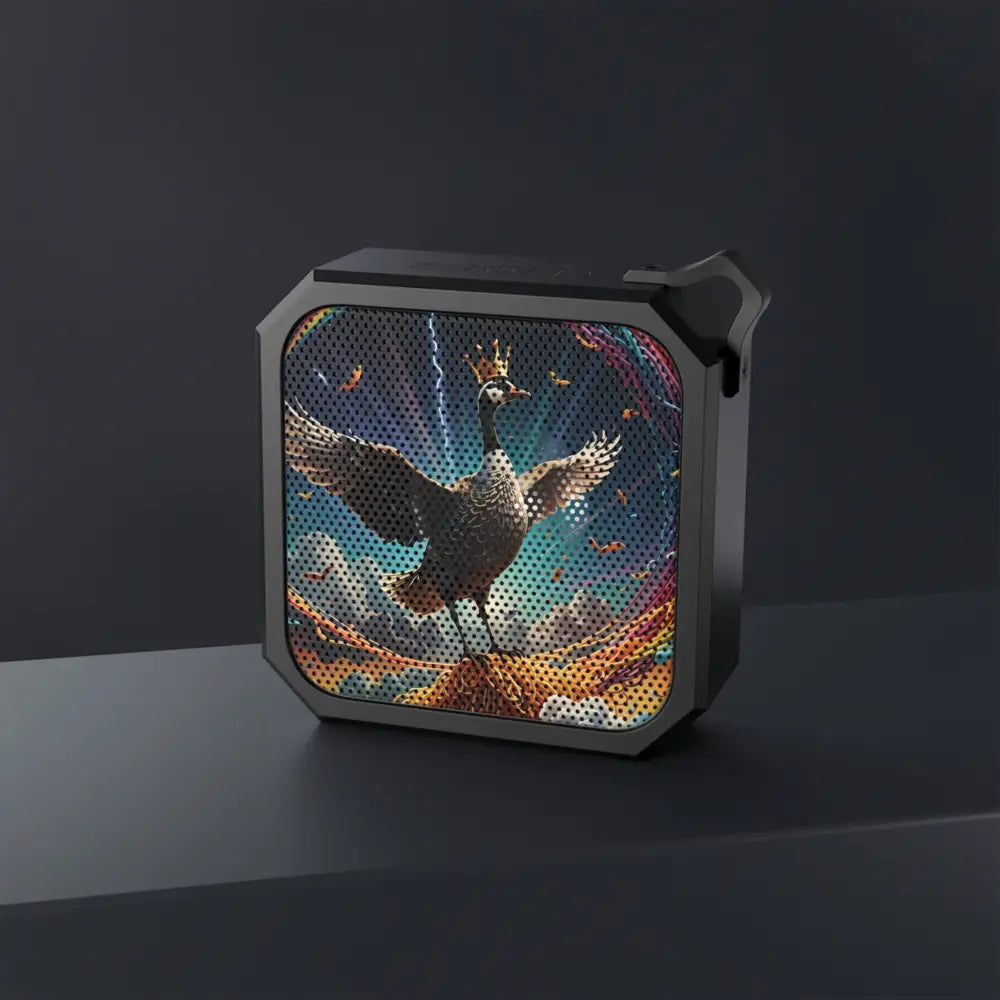 Black Bluetooth speaker with swan graphic from Spaghetti Goose Ascension outdoor audio collection