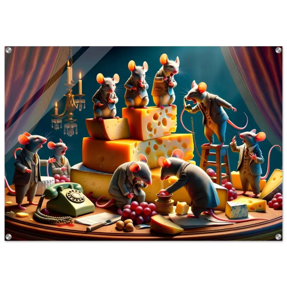 Anthropomorphic mice feasting displayed on Boardroom Brie-down Acrylic Print by PixiOnyx