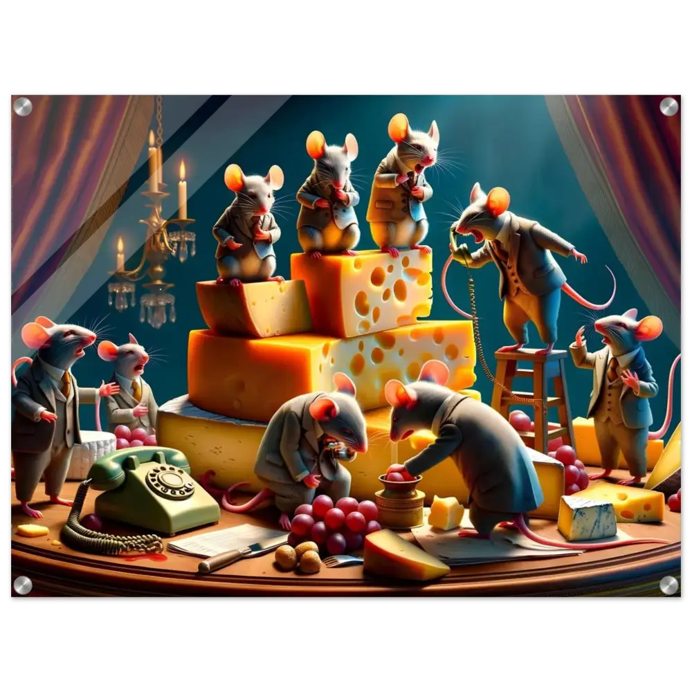 Anthropomorphic mice in suits with cheese displayed on Boardroom Brie-down Acrylic Print